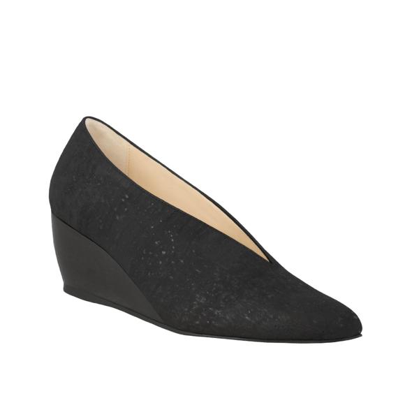 Sydney Brown Vegan, Animal-Free, Non-Leather, Ethical Classic V-Wedges in Charcoal Black Cork, Pointy V-Shape Wedges, Low Heel.