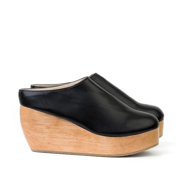 Clog Black Faux-Nappa with Natural platform heel. Sydney Brown Vegan, Animal-Free, Non-Leather, Ethically made.