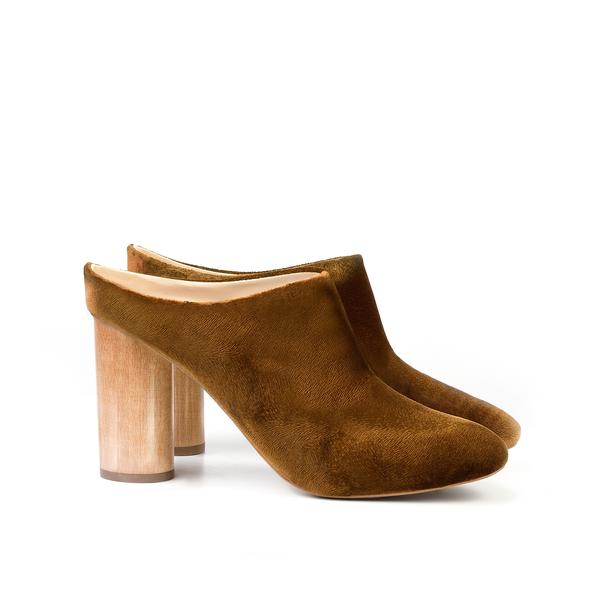 High Mule in Amber Velvet. Sustainable Wood Heel. Luxury shoes. Ethical and sustainable footwear by Sydney Brown.