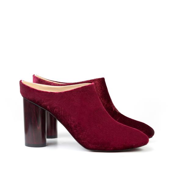 High Mule in Wine Velvet. Wine Stained Heel. Luxury shoes. Ethical and sustainable footwear by Sydney Brown.