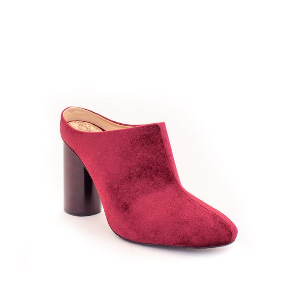 High Mule in Wine Velvet. Wine Stained Heel. Luxury shoes. Ethical and sustainable footwear by Sydney Brown.