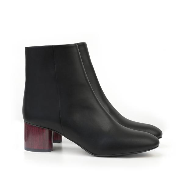 Low Ankle Boot Black Faux-Nappa. Vegan Luxe Ethical Footwear by Sydney Brown. Wine Stained Sustainable Wood Heels. Animal Free. Cruelty-Free. Autumn Winter 2018 Pre Order.