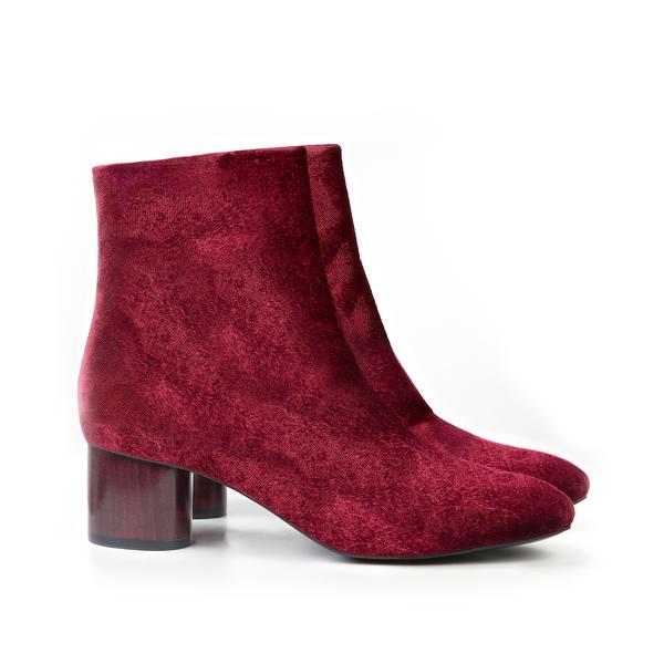 Low Ankle Boot Wine Velvet. Vegan Luxe Ethical Footwear by Sydney Brown. Black Sustainable Wood Heels. Animal Free. Cruelty-Free. Autumn Winter 2018.