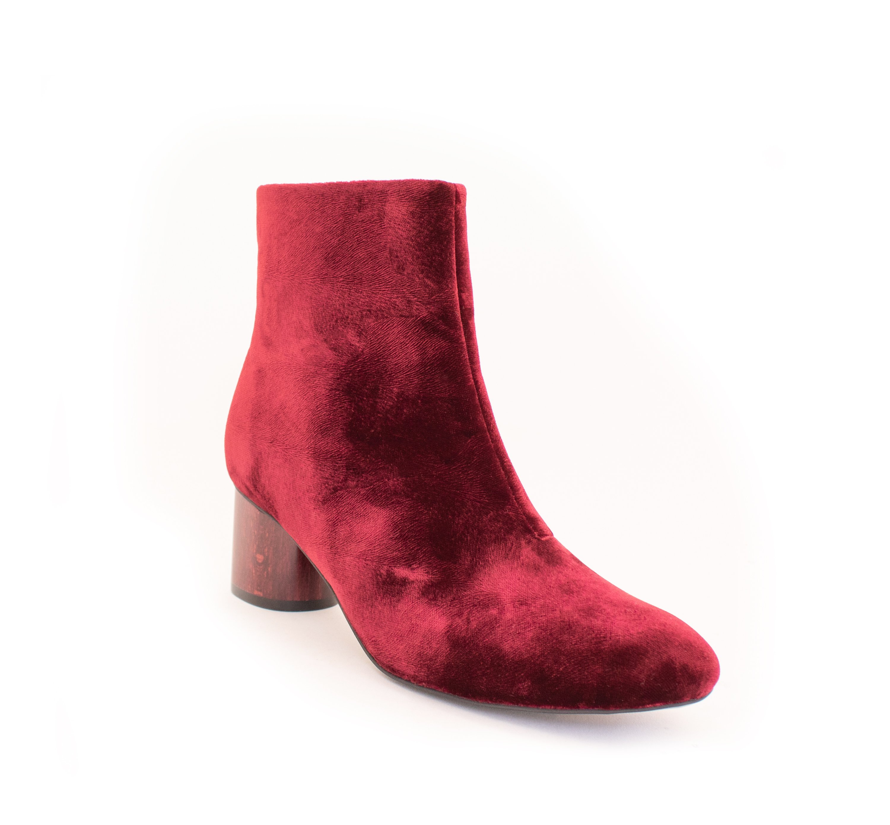 Low Ankle Boot in Wine Velvet. Vegan Luxe Ethical Footwear by Sydney Brown. Black Sustainable Wood Heels. Sustainable & Ethical. Cruelty-Free. Autumn Winter style.