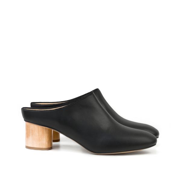 Low Mule Black Faux-Nappa. Vegan Luxe Ethical Footwear by Sydney Brown. Natural Sustainable Wood Heels. Animal Free. Cruelty-Free. Autumn Winter 2018. Handmade in Portugal