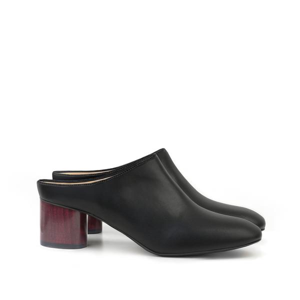Low Mule Black Faux-Nappa. Vegan Luxe Ethical Footwear by Sydney Brown. Natural Sustainable Wood Heels, wine-stained. Animal Free. Cruelty-Free. Autumn Winter 2018. Handmade in Portugal
