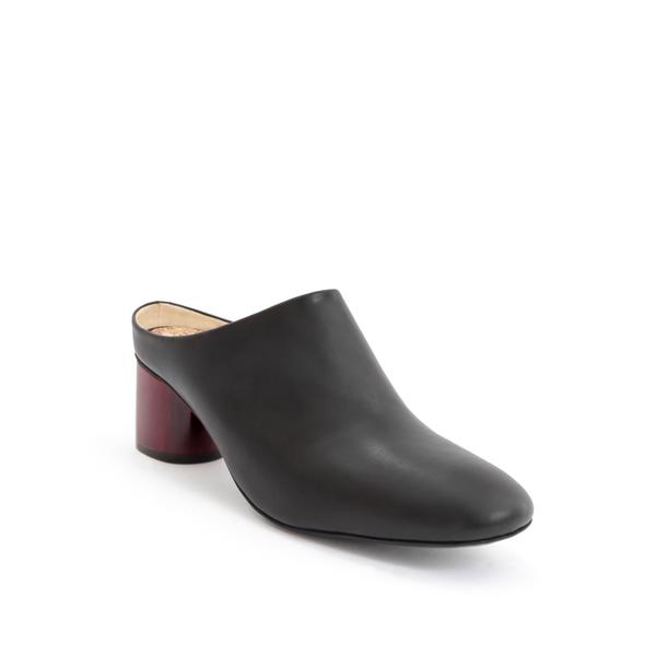 Low Mule Black Faux-Nappa. Vegan Luxe Ethical Footwear by Sydney Brown. Natural Sustainable Wood Heels, wine-stained. Animal Free. Cruelty-Free. Autumn Winter 2018. Handmade in Portugal