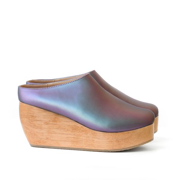  Matte Iridescent Clog, Platform Wood Heel. Sydney Brown Vegan, Animal-Free, Non-Leather, Ethical Magic